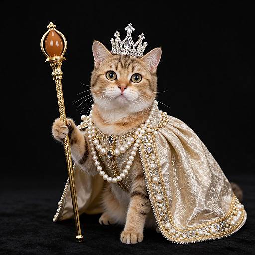 Photograph of an orange tabby cat with a silver crown, gold-embroidered cape, and pearl necklace, holding a jeweled scepter