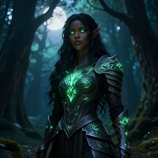 Digital fantasy artwork of a dark-skinned, glowing green-eyed elf woman with long black hair, wearing intricate neon-green armored attire in a mystical forest.