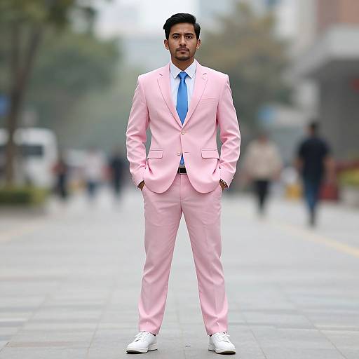 Photograph of a stylish man in a light pink suit, white shoes, and blue tie, standing confidently on a blurred city street.
