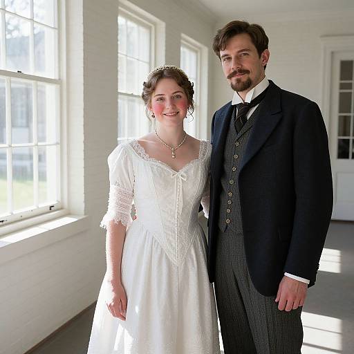 Photograph of a smiling bride in a white lace dress and a bearded groom in a dark suit and vest, standing in a sunlit white room