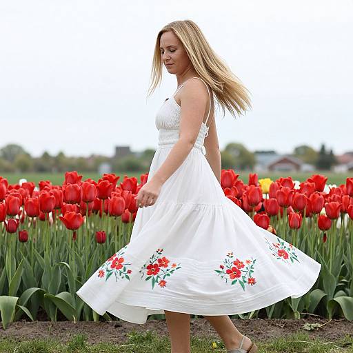 Blonde woman in white floral dress walks through vibrant red tulip field, sunlight filtering through, serene countryside background, summer day.