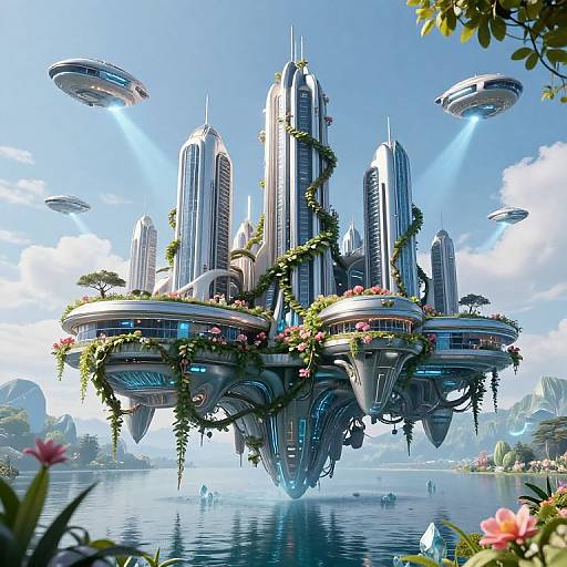 Digital artwork of futuristic floating cityscape with towering, glass-covered skyscrapers adorned with greenery and flowers, surrounded by hovering spacecraft, set over a