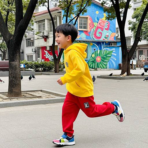 Photograph of an Asian boy jogging in a bright yellow hoodie, red pants, and white sneakers, with colorful buildings and trees in the background.