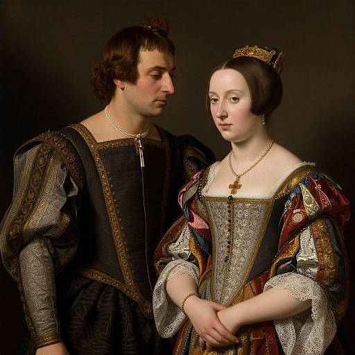 Renaissance-style painting of a pale-skinned woman with dark hair in an ornate dress, gold cross necklace, and crown, standing beside a