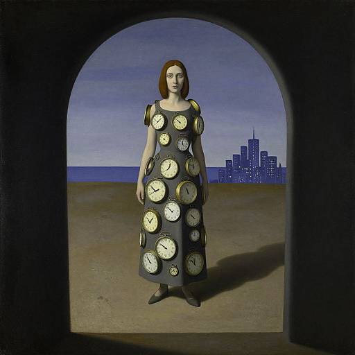 Digital artwork of a red-haired woman in a black dress adorned with large clock faces, standing in a dark archway against a blue twilight sky with a