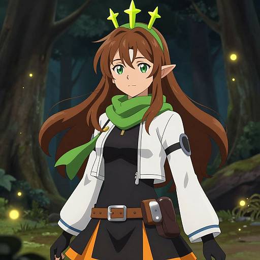 Anime-style digital drawing of a brown-haired elf girl with green eyes, wearing a green scarf, white jacket, black dress, and crown with three yellow