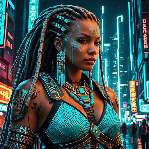 Cyber-Samurai Warrior Queen in Neon City
