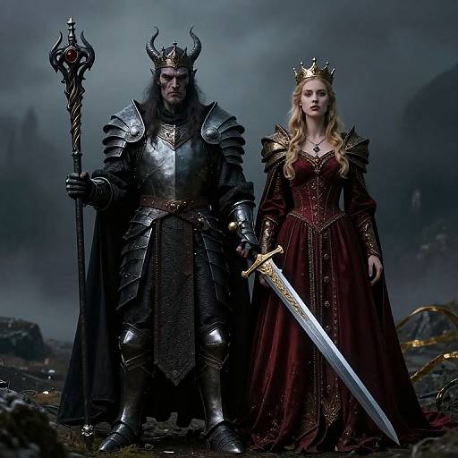 Photorealistic digital artwork of a dark-haired, horned king in black armor with a staff, standing beside a blonde queen in a red gown and