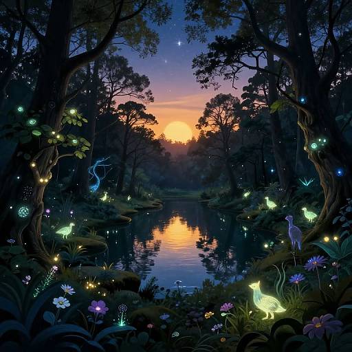 Magical forest sunset: glowing fireflies, luminescent flowers, and ethereal animals surround a tranquil lake reflecting an orange-pink sky. Digital