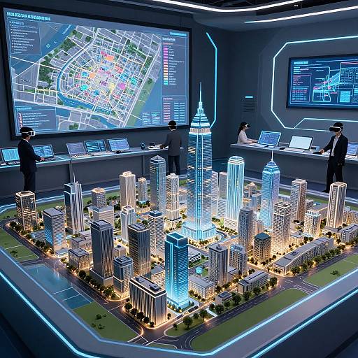 High-tech control room with illuminated 3D city model, large maps, and scientists monitoring data on glowing screens. Neon blue lighting. Photorealistic