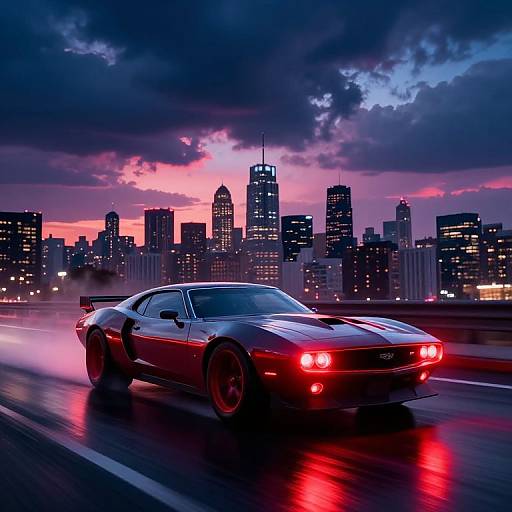 Photograph of a sleek, red, high-performance car speeding on a bridge at dusk, with a neon-lit city skyline and dramatic, colorful sunset