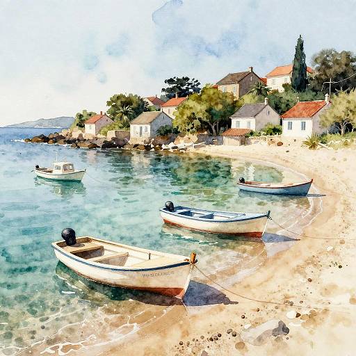 Watercolor-style painting of a serene coastal village with small white boats anchored in clear turquoise waters, surrounded by sandy shore and charming red-roofed houses