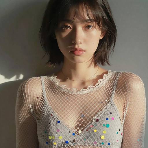 Sunlit Close-Up Fishnet Portrait, Short Hair