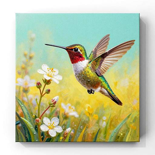 Vibrant digital painting of a green and red hummingbird mid-flight, sipping nectar from white flowers in a sunny yellow meadow.