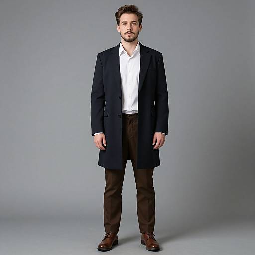 Photograph of a bearded man with short brown hair, wearing a black overcoat, white shirt, brown trousers, and brown shoes, standing against