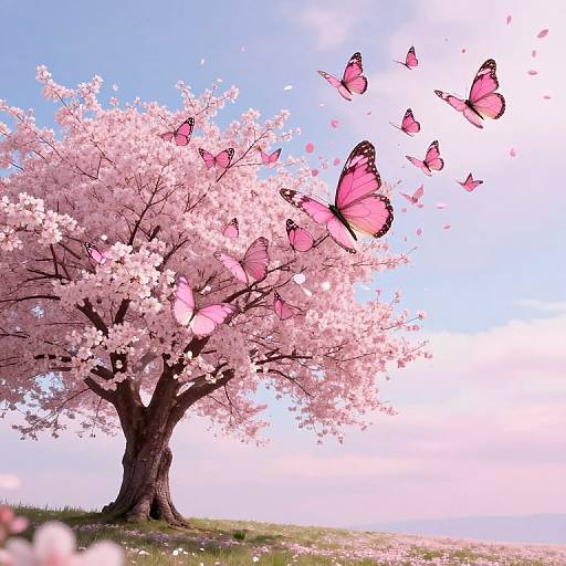 Photograph of a pink cherry blossom tree with vibrant pink butterflies emerging from its branches against a clear blue sky.