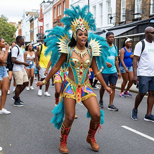 Photograph of a Black woman in vibrant, colorful Carnival costume with blue feathers, gold armor, and red boots, dancing in a bustling street parade.