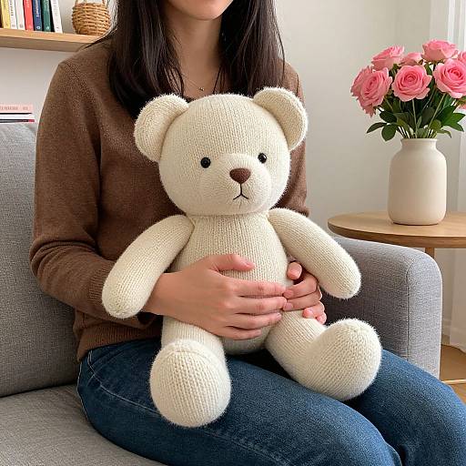 Photograph of a woman with straight black hair, wearing a brown knit sweater and blue jeans, holding a white knitted teddy bear, sitting on