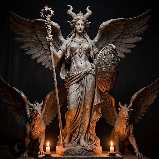 Photograph of a detailed, bronze angel statue with wings, holding a scepter and shield, flanked by two griffins, lit by candles