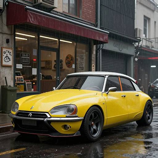 Photograph of a bright yellow, vintage sports car with black accents parked on a rainy urban street, with a cafe and shop in the background.
