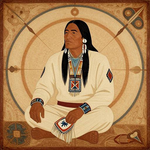 Digital illustration of a Native American man with long black hair, wearing a white traditional outfit, seated cross-legged, against a circular geometric background.