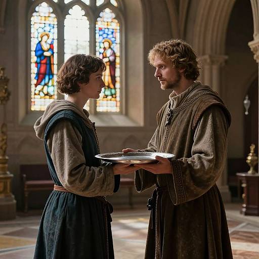 Photograph of two medieval men in brown robes, holding a silver tray, facing each other in a dimly lit, stained glass window adorned church.