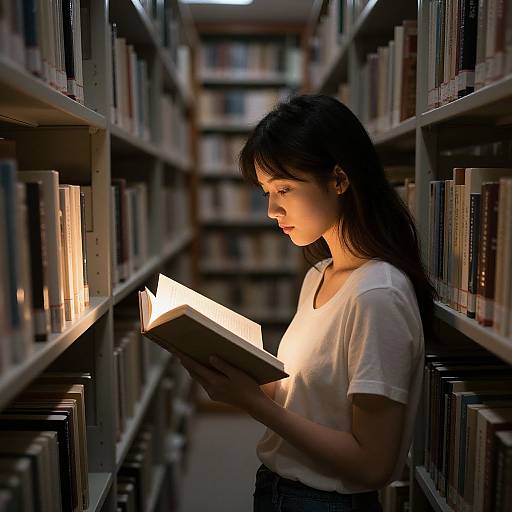 Photograph of a young woman with long black hair, wearing a white t-shirt, reading a brightly illuminated book in a dimly lit library aisle.