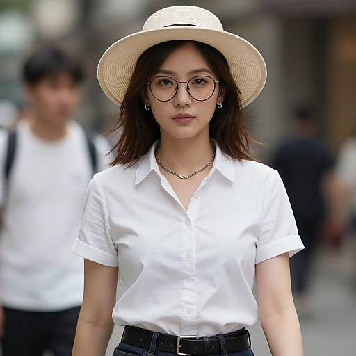 Photograph of an Asian woman with glasses, wearing a white button-up shirt, black belt, and wide-brimmed straw hat, standing in a