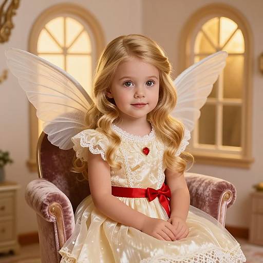Photograph of a blonde, fair-skinned toddler girl with delicate fairy wings, wearing a cream lace dress with red ribbon, sitting in a purple velvet
