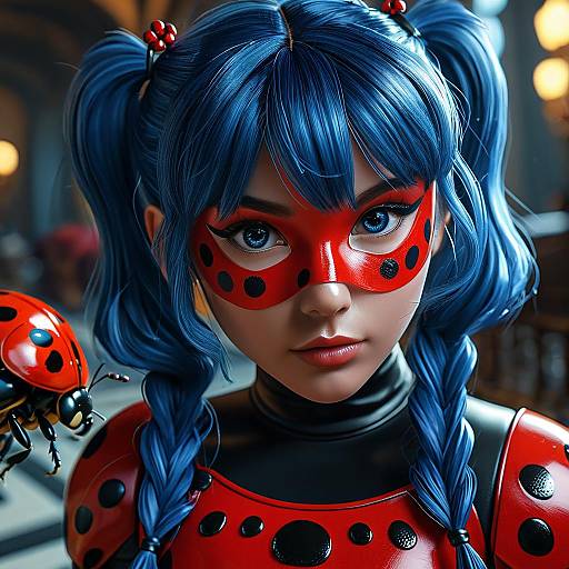 Photorealistic CGI of a young woman with blue pigtails, red bug-themed mask, and suit, holding a red ladybug, in a