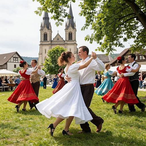 Photograph of a vibrant outdoor folk dance, with couples in traditional white and red dresses, black vests, and shoes, under a tree, in front