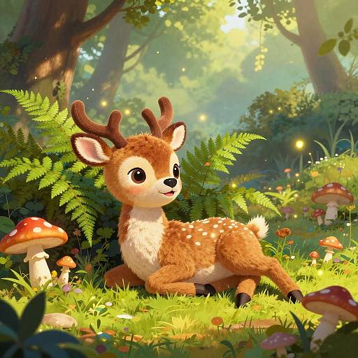 Cute digital illustration of a small, brown deer with white spots and antlers, lying in a sunlit forest meadow with mushrooms and ferns