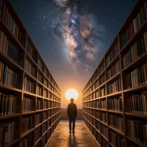 Silhouetted person stands in library aisle, facing bright sunset, with Milky Way visible in star-filled sky above. Photorealistic digital art.