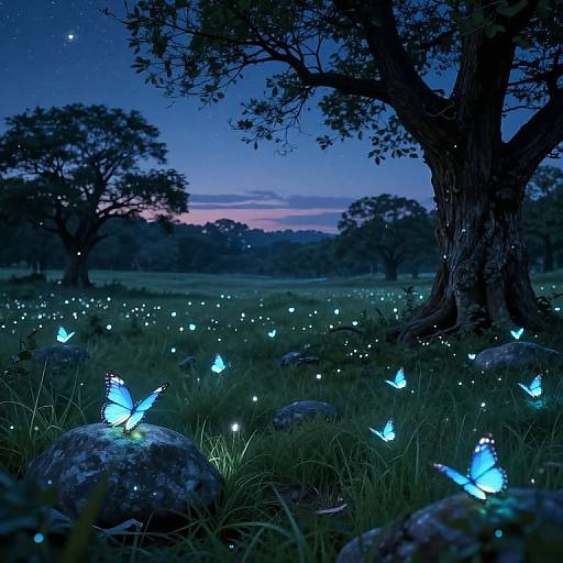 Photograph of a magical night scene with glowing blue butterflies, illuminated rocks, and silhouetted trees under a starry, twilight sky.