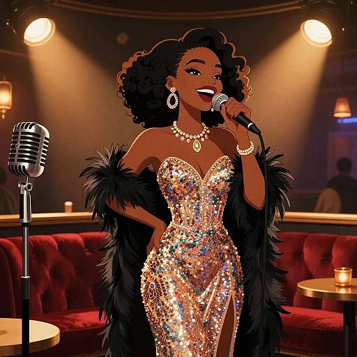 Digital illustration of a dark-skinned, curly-haired woman in a sparkling, sequined, strapless dress, black feather coat, singing into a microphone