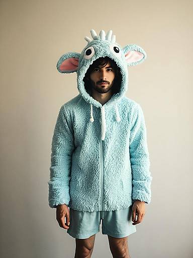 Man Wearing Blue Zooble Costume Hoodie