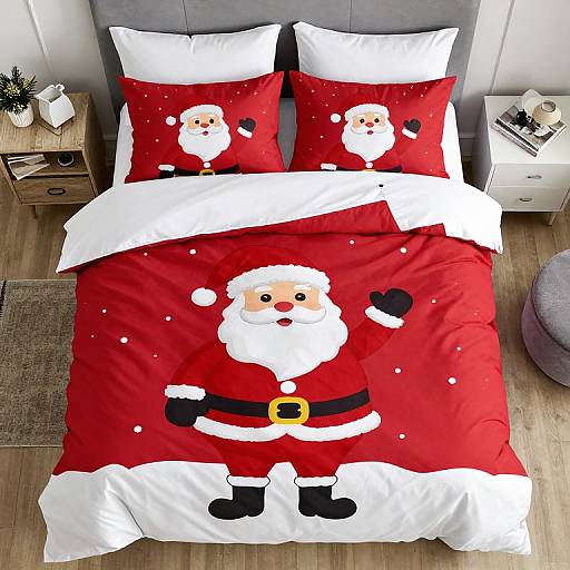 Photograph of a bed with red Santa-themed bedding, featuring three Santa Claus prints, white pillows, and wooden nightstands.