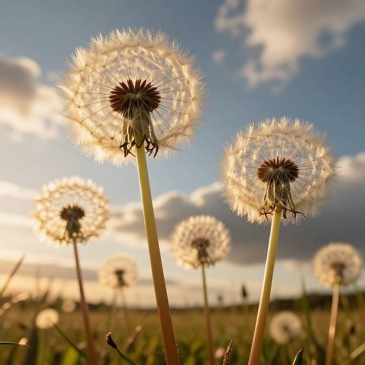 Photograph of sunlit dandelions with fluffy white seed heads against a blue sky with scattered clouds, showcasing their delicate textures.