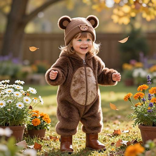 Photograph of a smiling, blonde toddler in a brown bear onesie with bear ears, standing in a sunlit garden with autumn flowers and falling leaves