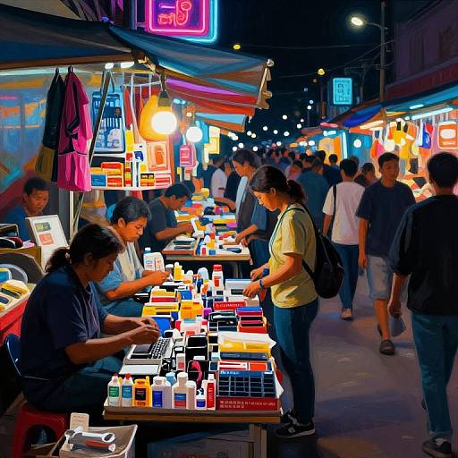 Night market photograph: Vibrant neon signs illuminate crowded stalls with colorful electronic gadgets; customers browse and interact, creating a lively, bustling atmosphere.