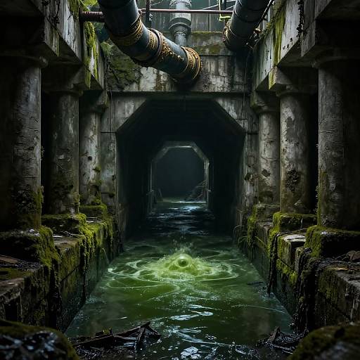 Dark Mossy Sewage Aqueduct with Bubbling Toxic Water