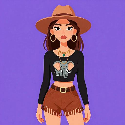 Digital illustration of a stylish woman with brown skin, long dark hair, wearing a brown hat, hoop earrings, black crop top with elephant print, brown