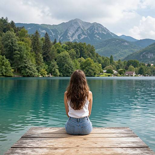 Photograph of a woman with long brown hair, white tank top, and blue jeans, sitting on a wooden dock, facing a serene, turquoise lake