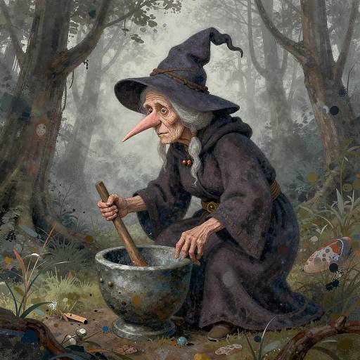 Digital illustration of an old, wrinkled witch with a long pink nose, wearing a dark hat and robe, stirring a cauldron in a mystical