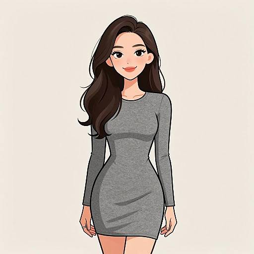 Smiling Woman in Heathered Grey Dress