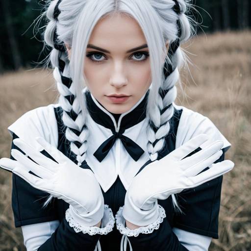 Anime Cosplay Woman with White Twin Braids and Gloves