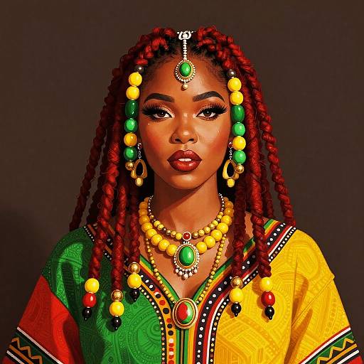 Photograph-style digital art of a Black woman with red braids, adorned in colorful African attire, jewelry, and headpiece, against a dark background
