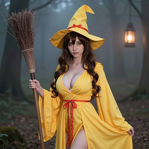 Photograph of a fair-skinned woman with long brown hair, wearing a yellow witch dress and hat, holding a broomstick in a misty