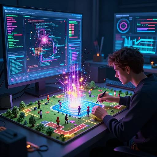 Neon-lit computer desk with a young man controlling a vibrant, glowing digital mini golf game on a virtual reality screen.