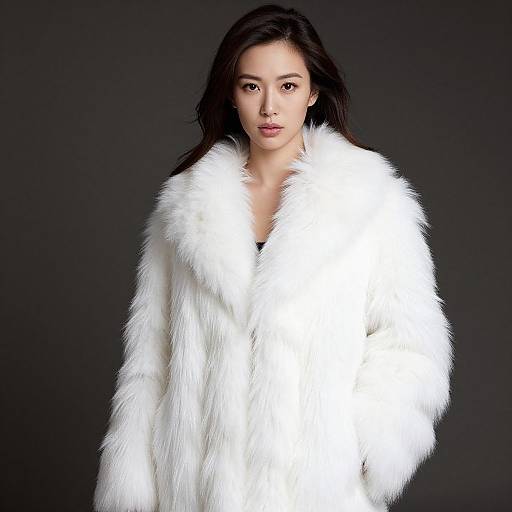 Photograph of an Asian woman with long black hair, wearing a luxurious white fur coat, standing against a dark background.